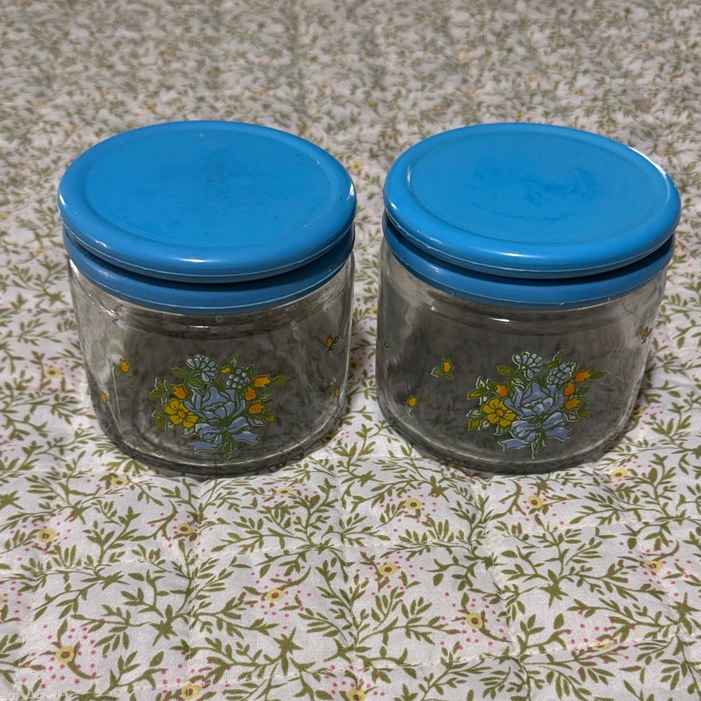 Vintage Floral Glass Jars with Blue Lids